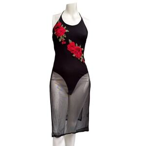 Jasmine Sportswear Bodysuit Dress Rose Applique Sheer Mesh 90s Vintage USA Small